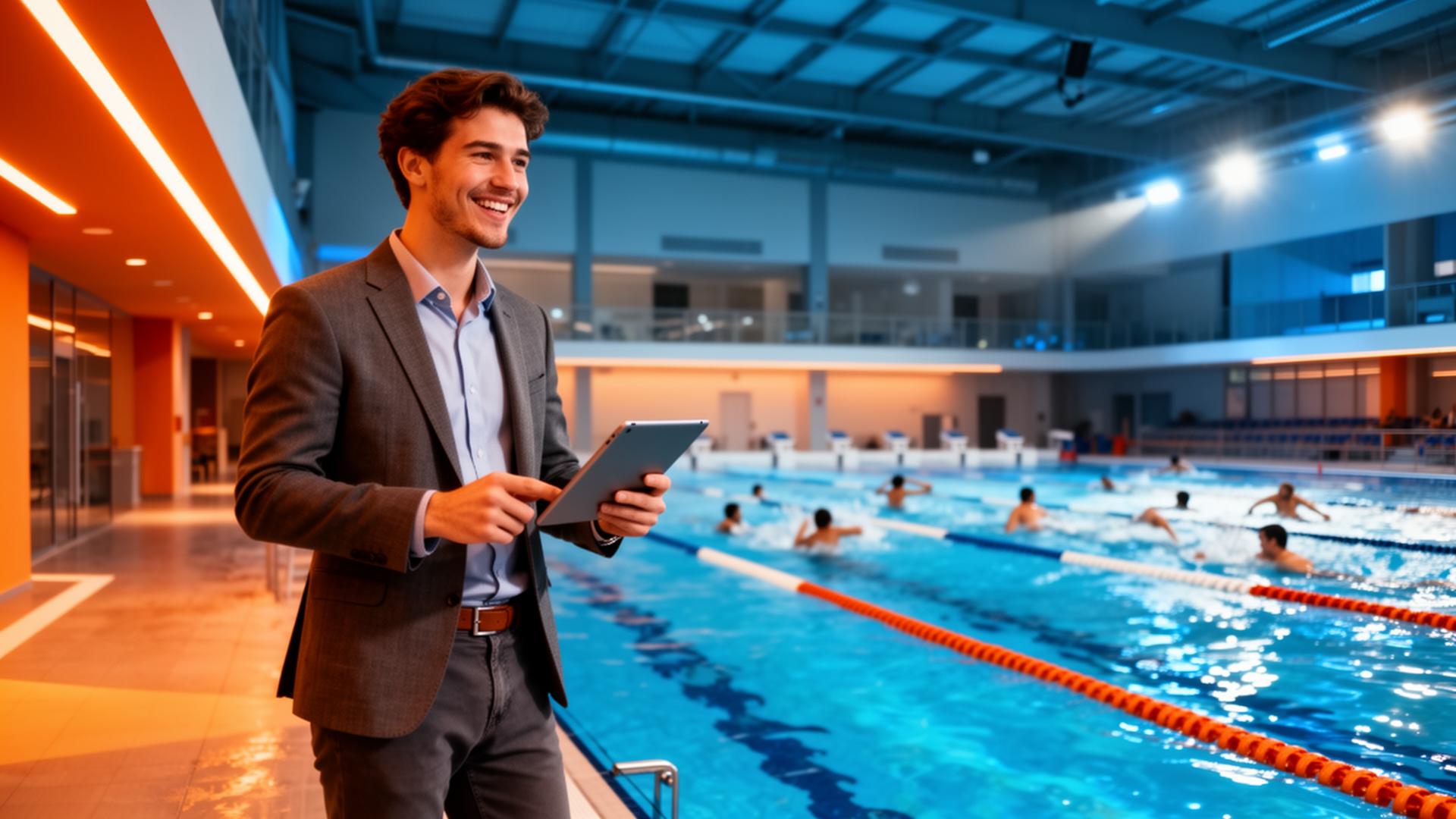 Entrepreneur souriant avec une tablette devant un centre aquatique en activité